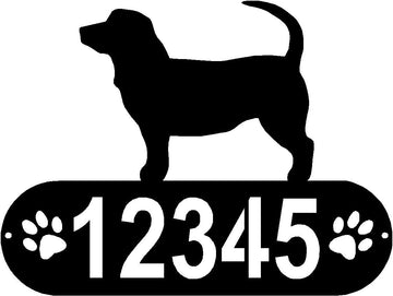 Cylindrical shape with Address numbers and a paw print on each side cut out- Petit Basset Griffon Vendeen Silhouette on top-Petit Basset Griffon Vendeen Dog PAWS House Address Sign - The Metal Peddler Address Signs address sign, Dog, Dog Signs, Name plaque, Personalized Signs, personalizetext, Petit Basset Griffon Vendeen