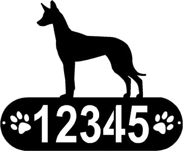 Cylindrical shape with Address numbers and a paw print on each side cut out- Pharoah Hound Silhouette on top-Pharaoh Hound Dog PAWS House Address Sign or Name Plaque - The Metal Peddler Address Signs address sign, Dog, Dog Signs, Name plaque, Personalized Signs, personalizetext, Pharaoh Hound