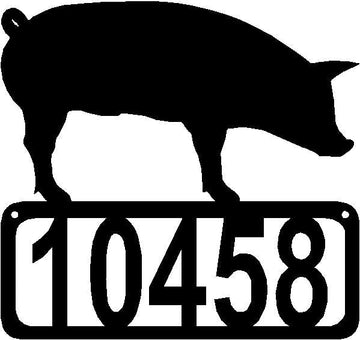 pig standing on open rectangle with house numbers inside  The Metal Peddler Address Signs address sign, House sign, Personalized Signs, personalizetext, pig, porch