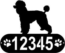 Cylindrical shape with Address numbers and a paw print on each side cut out- Poodle Natural Cut Silhouette on top-Poodle (Natural Cut) Dog PAWS House Address Sign or Name Plaque - The Metal Peddler Address Signs address sign, Dog, Dog Signs, Name plaque, Personalized Signs, personalizetext, Poodle (Natural Cut)
