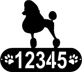 Cylindrical shape with Address numbers and a paw print on each side cut out-Show Cut Poodle Silhouette on top-Poodle (Show Cut) Dog PAWS House Address Sign or Name Plaque - The Metal Peddler Address Signs address sign, Dog, Dog Signs, Name plaque, Personalized Signs, personalizetext, Poodle