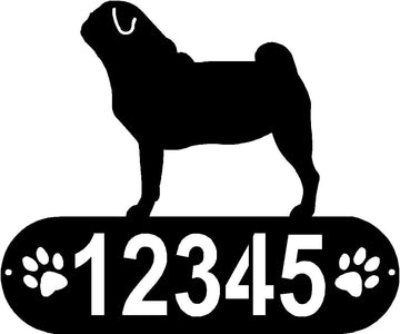 Cylindrical shape with Address numbers and a paw print on each side cut out- Pug Silhouette on top-Pug Dog PAWS House Address Sign or Name Plaque - The Metal Peddler Address Signs address sign, Dog, Dog Signs, Name plaque, Personalized Signs, personalizetext, Pug