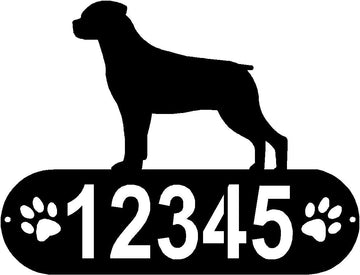 Cylindrical shape with Address numbers and a paw print on each side cut out- Rottweiler Silhouette on top-Rottweiler Dog PAWS House Address Sign or Name Plaque - The Metal Peddler Address Signs address sign, breed, Dog, Dog Signs, Name plaque, Personalized Signs, personalizetext, Rottweiler