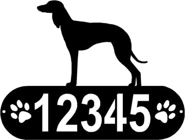 Cylindrical shape with Address numbers and a paw print on each side cut out- Saluki Silhouette on top-Saluki Dog PAWS House Address Sign or Name Plaque - The Metal Peddler Address Signs address sign, breed, Dog, Dog Signs, Name plaque, Personalized Signs, personalizetext, Saluki