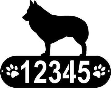Cylindrical shape with Address numbers and a paw print on each side cut out-Schipperke Silhouette on top-Schipperke Dog PAWS House Address Sign - The Metal Peddler Address Signs address sign, breed, Dog, Dog Signs, Name plaque, Personalized Signs, personalizetext, Schipperke