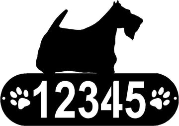 Cylindrical shape with Address numbers and a paw print on each side cut out-Scottish Terrier Silhouette on top-Scottish Terrier Dog PAWS House Address Sign - The Metal Peddler Address Signs address sign, breed, Dog, Dog Signs, Name plaque, Personalized Signs, personalizetext, Scottish Terrier