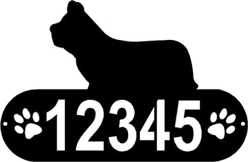 Cylindrical shape with Address numbers and a paw print on each side cut out- Skye Terrier Silhouette on top-Skye Terrier Dog PAWS House Address Sign - The Metal Peddler Address Signs address sign, breed, Dog, Dog Signs, Name plaque, Personalized Signs, personalizetext, Skye Terrier