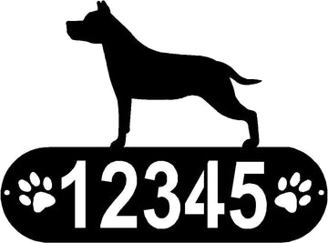 Cylindrical shape with Address numbers and a paw print on each side cut out- Staffordshire Terrier Silhouette on top-Staffordshire Terrier Dog PAWS House Address Sign - The Metal Peddler Address Signs address sign, breed, Dog, Dog Signs, Name plaque, Personalized Signs, personalizetext, Staffordshire Terrier