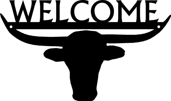 Steer Head "welcome" between horns- Welcome Sign - The Metal Peddler cattle, farm, porch, ranch, steer, Welcome sign