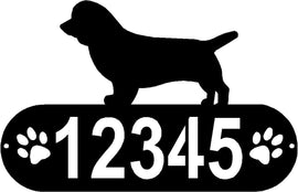Cylindrical shape with Address numbers and a paw print on each side cut out- Sussex Spaniel Silhouette on top-Sussex Spaniel Dog PAWS House Address Sign - The Metal Peddler Address Signs address sign, breed, Dog, Dog Signs, Name plaque, Personalized Signs, personalizetext, Sussex Spaniel