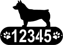 Cylindrical shape with Address numbers and a paw print on each side cut out- Swedish Vallhund Silhouette on top-Swedish Vallhund Dog PAWS House Address Sign - The Metal Peddler Address Signs address sign, breed, Dog, Dog Signs, Name plaque, Personalized Signs, personalizetext, Swedish Vallhund