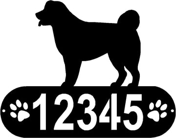Cylindrical shape with Address numbers and a paw print on each side cut out- Tibetan Mastiff Silhouette on top-Tibetan Mastiff Dog PAWS House Address Sign - The Metal Peddler Address Signs address sign, breed, Dog, Dog Signs, Name plaque, Personalized Signs, personalizetext, Tibetan Mastiff