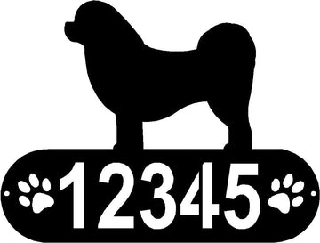 Cylindrical shape with Address numbers and a paw print on each side cut out-Tibetan Spaniel Silhouette on top-Tibetan Spaniel Dog PAWS House Address Sign - The Metal Peddler Address Signs address sign, breed, Dog, Dog Signs, Name plaque, Personalized Signs, personalizetext, Tibetan Spaniel