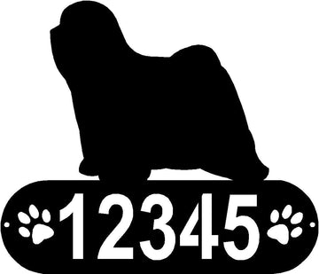 Cylindrical shape with Address numbers and a paw print on each side cut out- Tibetan Terrier Silhouette on top-Tibetan Terrier Dog PAWS House Address Sign - The Metal Peddler Address Signs address sign, breed, Dog, Dog Signs, Name plaque, Personalized Signs, personalizetext, Tibetan Terrier