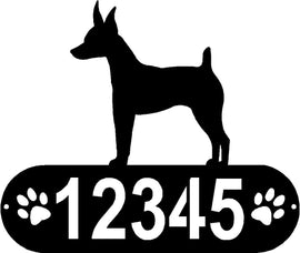 Cylindrical shape with Address numbers and a paw print on each side cut out- Toy Fox Terrier Silhouette on top-Toy Fox Terrier Dog PAWS House Address Sign - The Metal Peddler Address Signs address sign, breed, Dog, Dog Signs, Name plaque, Personalized Signs, personalizetext, Toy Fox Terrier