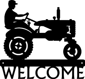 Farmer on Tractor Welcome Sign - The Metal Peddler farm, porch, ranch, tractor, Welcome sign