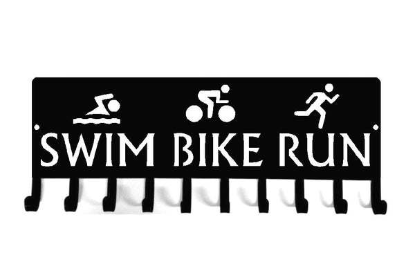 Triathlon SWIM BIKE RUN II - Medal Rack Display - The Metal Peddler  cycling, medal rack, running, sport hooks, sports, swimming, triathlon