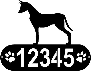 Cylindrical shape with Address numbers and a paw print on each side cut out- Xoloitzcuintli Silhouette on top-Xoloitzcuintli Dog PAWS House Address Sign - The Metal Peddler Address Signs address sign, breed, Dog, Dog Signs, Name plaque, Personalized Signs, personalizetext, Xoloitzcuintli