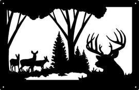 Buck Head with forest and 3 doe in background- Across the Pond Wildlife Wall Art Sign 17x11 - The Metal Peddler 17x11, antlers, Buck, Deer, doe, wildlife