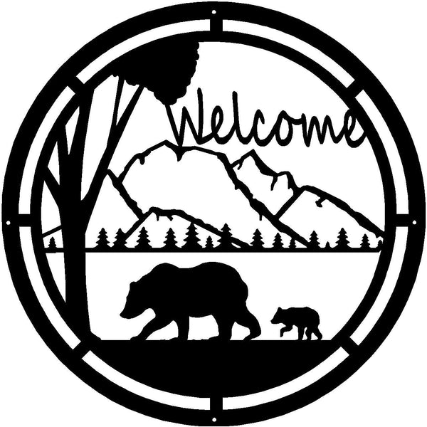 Bear & Cub with mountain background- Round Welcome Sign - The Metal Peddler Welcome Signs bear, mountain, porch, Welcome Sign