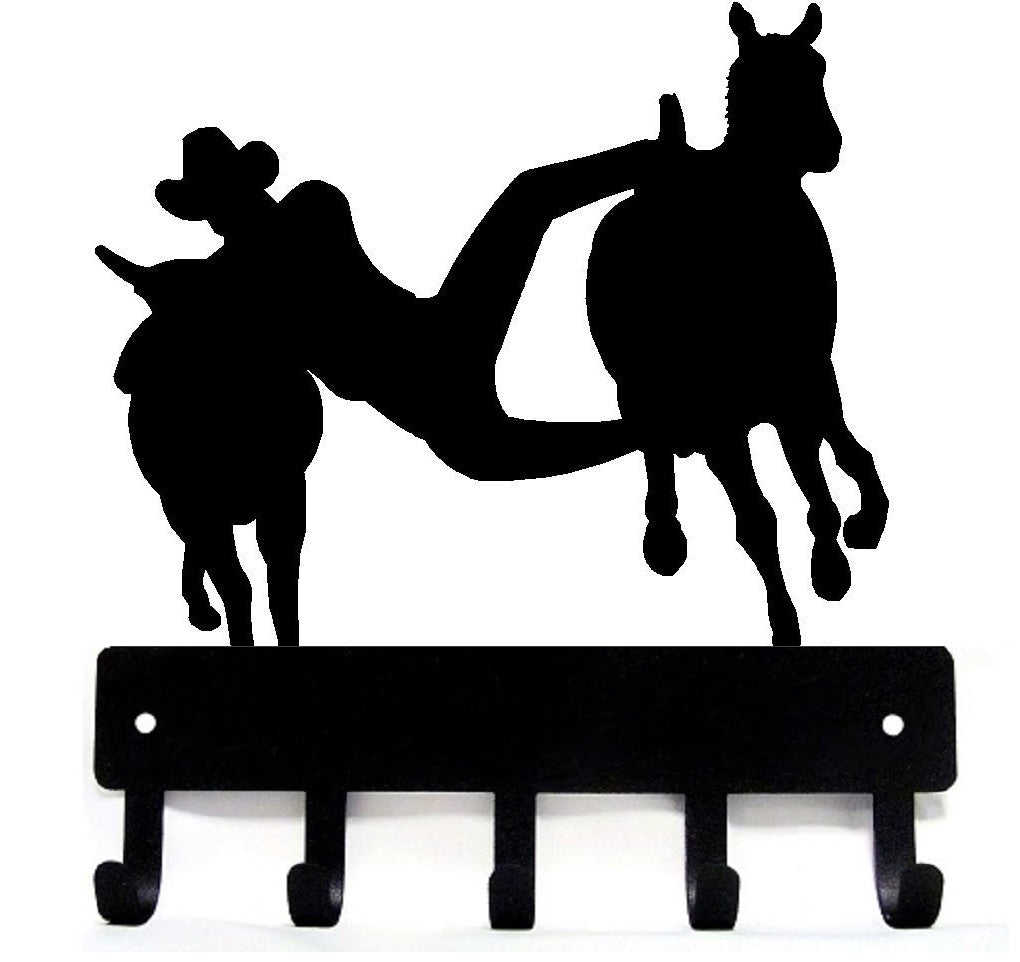 Bulldogging Cowboy Rodeo Key Rack with hooks - The Metal Peddler Key Rack bronco, cowboy, cowboys, Horse, key rack, leash hanger, rodeo, steer, western