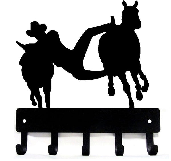Bulldogging Cowboy Rodeo Key Rack with hooks - The Metal Peddler Key Rack bronco, cowboy, cowboys, Horse, key rack, leash hanger, rodeo, steer, western