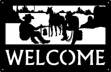 2 cowboys sitting with a horse and mesa in background  - Western Welcome Sign 17x11 - The Metal Peddler Welcome Signs 17x11, Cowboy, horse, porch, Welcome sign, Western