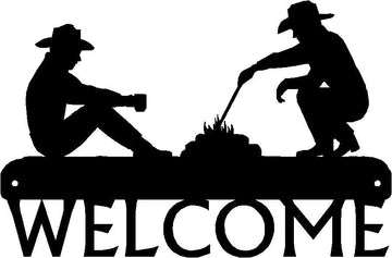 2 Cowboys with a Campfire in between- "Welcome" below - Cowboy Western Welcome Sign - The Metal Peddler Welcome Signs cowboy, porch, ranch, welcome sign, Western