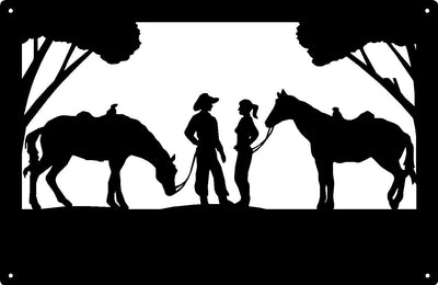 Cowboy and Cowgirl standing facing each other with horses behind- Chance Meeting  Wall Art Sign - The Metal Peddler  cowboy, cowgirl, horse