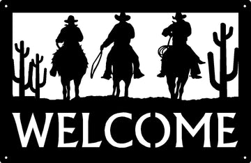 3 Cowboys on horses with cacti background- Welcome Sign 17x11 - The Metal Peddler Welcome Signs 17x11, cowboy, horse, porch, welcome sign, Western
