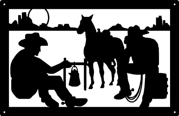 Cowboy Night at Campfire Western Wall Art Sign 17x11 - The Metal Peddler  17x11, camp fire, cowboy, cowboys, horse