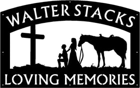 Western Cowboy and Woman at Cross - Memorial Signs - The Metal Peddler  country, cowboy, cross, horse, memorial, religious, western, woman