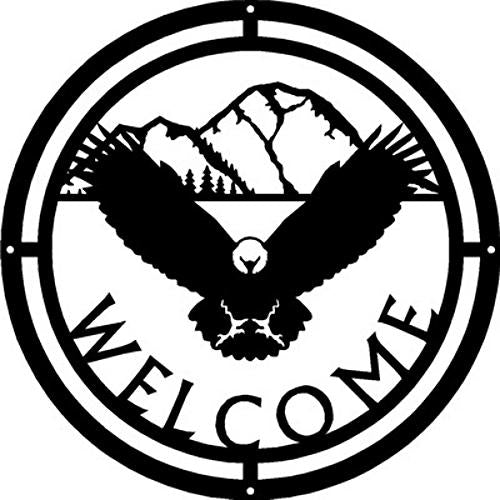 Eagle Mountain Scene Round Welcome Sign - The Metal Peddler Welcome Signs bird, Eagle, mountain, not-dog, porch, round, welcome sign, wildlife