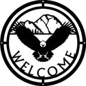 Eagle Mountain Scene Round Welcome Sign - The Metal Peddler Welcome Signs bird, Eagle, mountain, not-dog, porch, round, welcome sign, wildlife