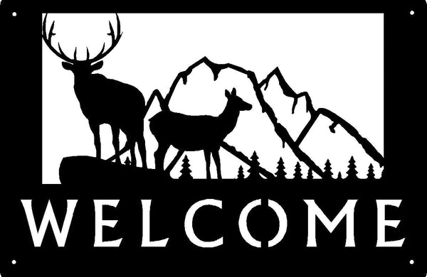 Elk Bull and Cow with tree and mountain background Welcome Sign 17x11 - The Metal Peddler Welcome Signs 17x11, antlers, elk, porch, Welcome sign