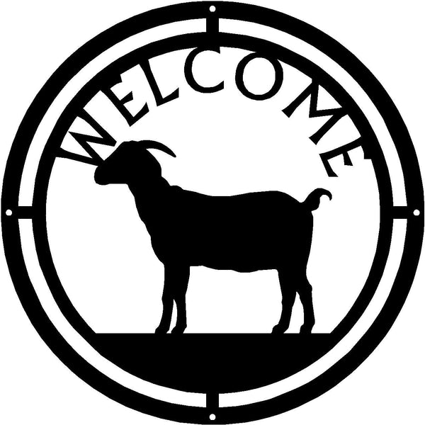 Horned Goat Round Welcome Sign - The Metal Peddler Welcome Signs farm, goat, porch, Welcome Sign