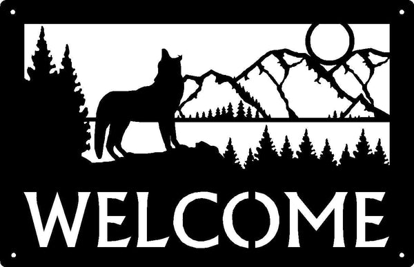 Howling Wolf with Mountains trees and moon background Welcome Sign 17x11 - The Metal Peddler Welcome Signs 17x11, mountains, porch, Welcome sign, wolf