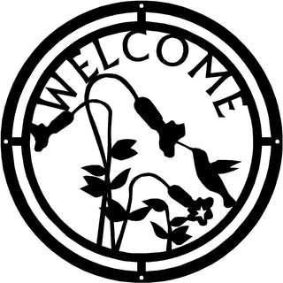 Hummingbird at Trumpet Flowers Round Welcome Sign - The Metal Peddler Welcome Signs bird, flowers, hummingbird, porch, Welcome Sign