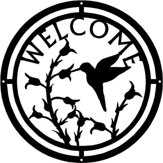 Hummingbird at Wildflowers Round Welcome Sign - The Metal Peddler Welcome Signs bird, flowers, hummingbird, porch, Welcome Sign