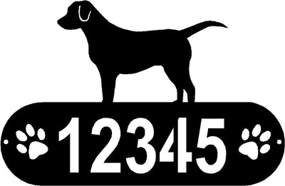 Cylindrical shape with Address numbers and a paw print on each side cut out- Labrador Retriever Silhouette on top-Labrador Retriever Dog PAWS House Address Sign or Name Plaque - The Metal Peddler Address Signs address sign, breed, Dog, Dog Signs, Labrador, Name plaque, Personalized Signs, personalizetext