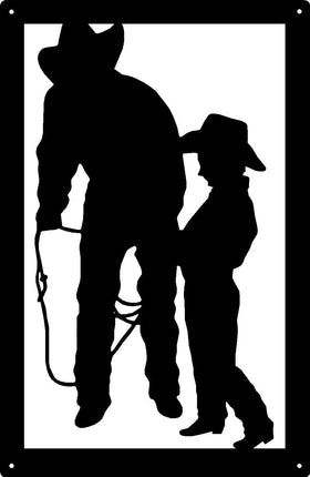 Cowboy and Cowkid Lasso Lessons Wall Art Sign 17x11 - The Metal Peddler 17x11, Cowboy, Cowkid, lasso, western