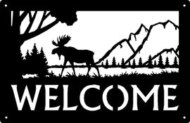 Moose in forest scene with Mountain background Welcome Sign 17x11 - The Metal Peddler Welcome Signs 17x11, Moose, porch, Welcome sign