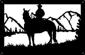 Mounted Cowboy with Mountain Scene background- Western Wall Sign 17x11 - The Metal Peddler 17x11, Cowboy, horse, mountains, wall art, western