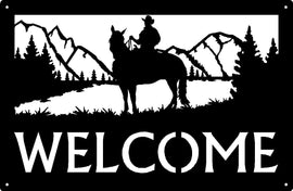 Cowboy on horse with trees and mountain range background Welcome Sign 17x11 - The Metal Peddler Welcome Signs 17x11, Cowboy, horse, porch, Welcome sign, Western