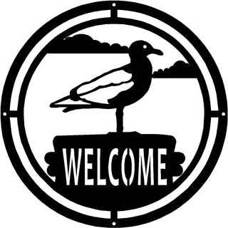 Seagull on Pier Round Welcome Sign - The Metal Peddler  bird, porch, Seagull, Welcome Sign